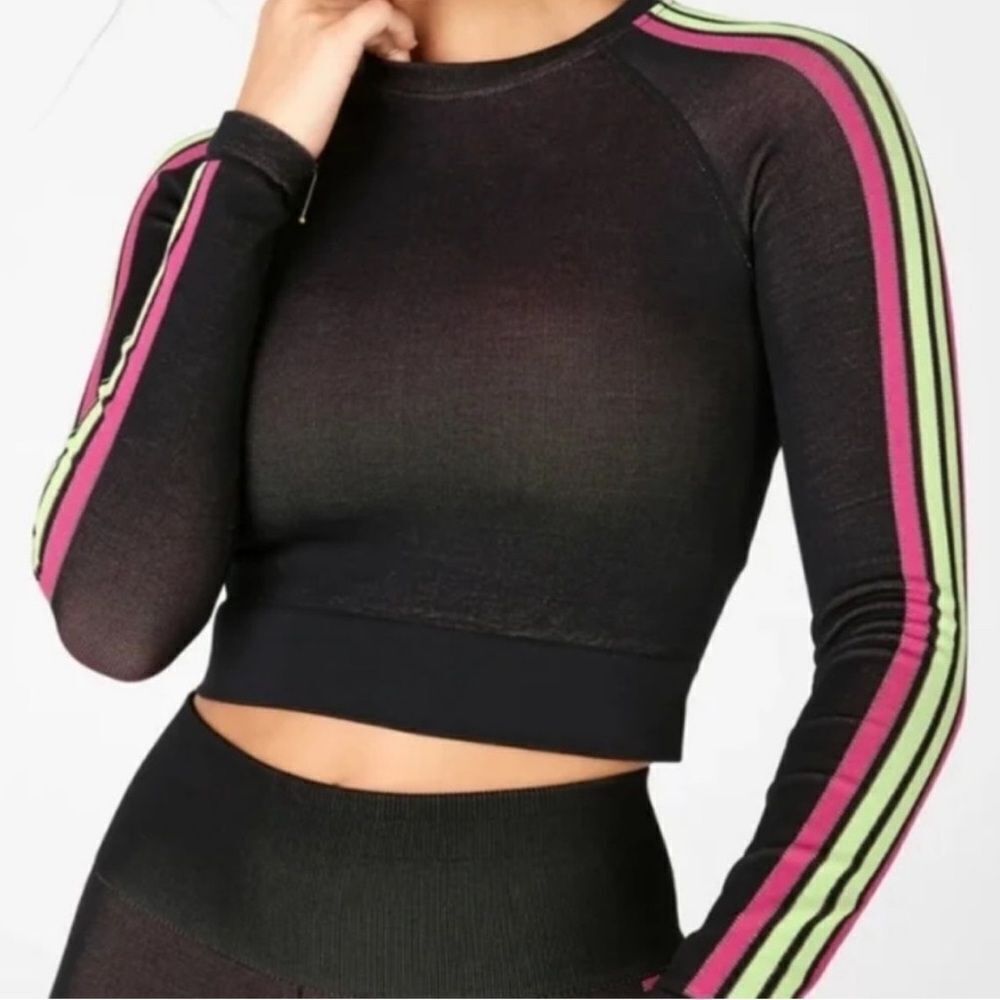 Fabletics Black Crop Top with Pink and Green Stripes long sleeve Size Small